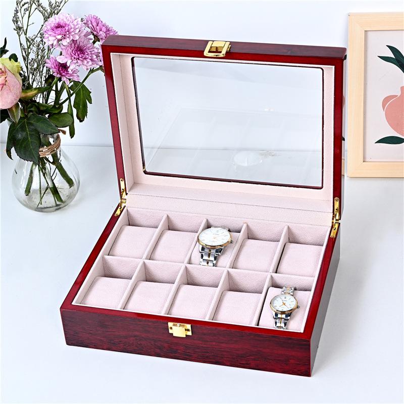 Red Sandalwood Clock & Watch Painted Wooden Box - Double-Layer 2-Position Jewelry & Watch Storage Box