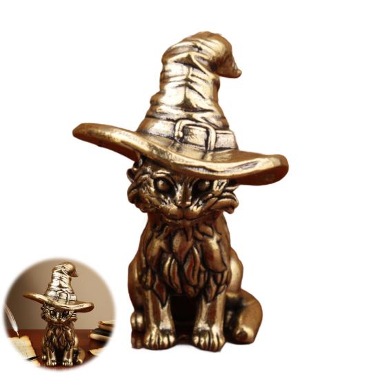 1/2Pcs Retro Cat Witch Ornament Solid Brass Sculpture with Wizard Hat Whispering Story Sculpture Desktop Art Decor