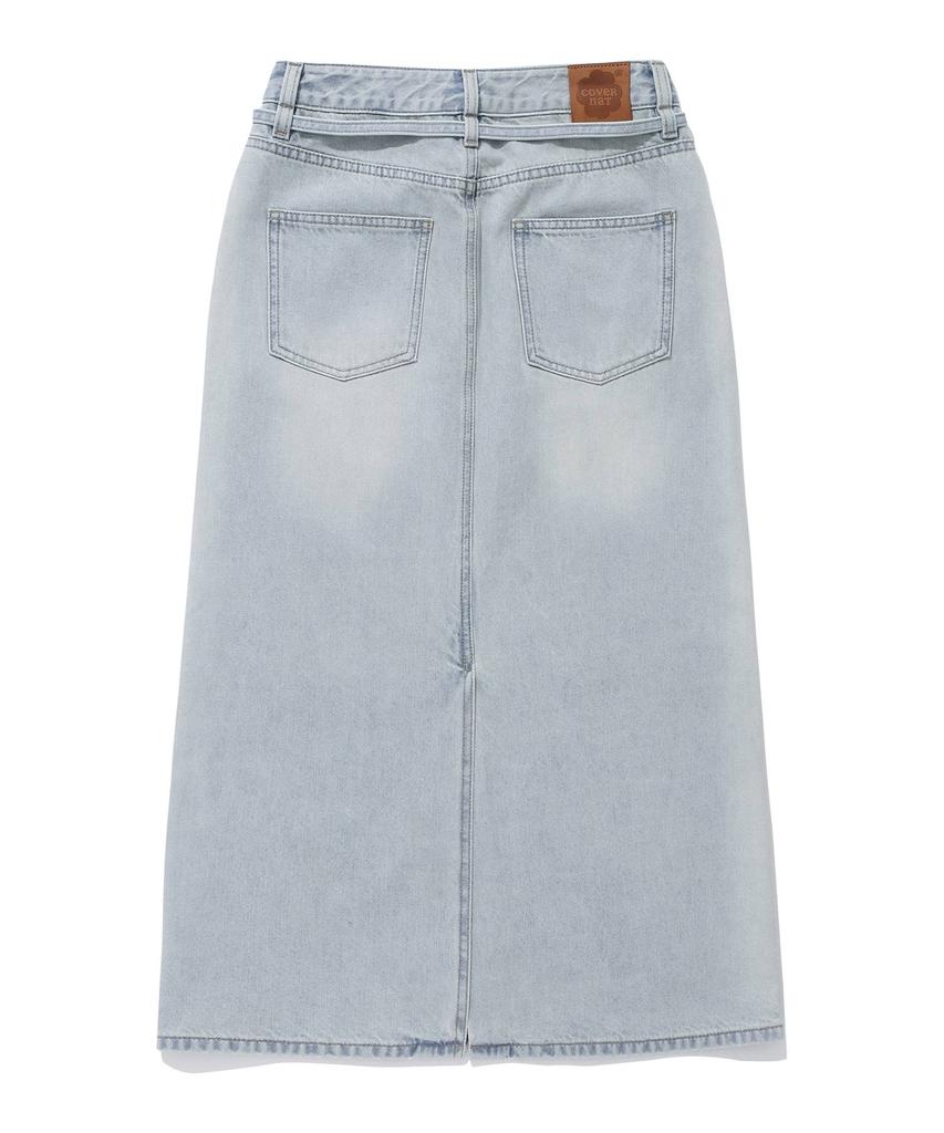 Covernat Woman Belted Denim Long Skirt Light Blue