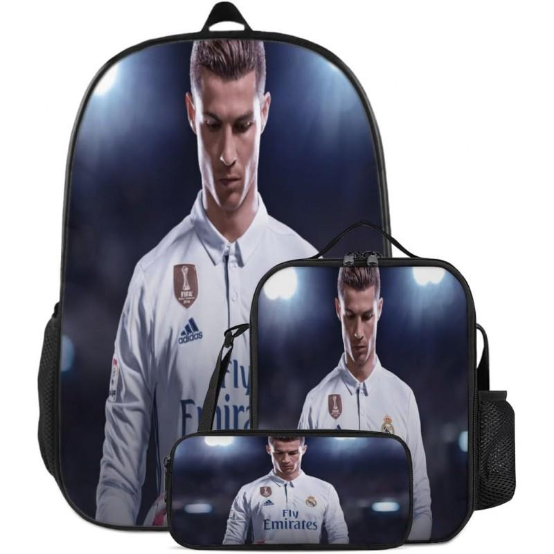 Conjunto de Mochila Escolar Infantil Estampada Cristiano Ronaldo Meninos Meninas 3 Peças Mochila de Tecido Oxford Com Lancheira Estojo