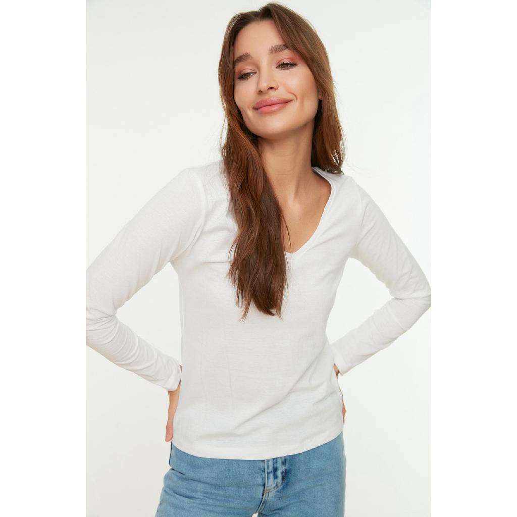Black 100% Cotton Regular/normal Fit Basic V-neck Long Sleeve Knitted T-shirt Twoaw21ts0099