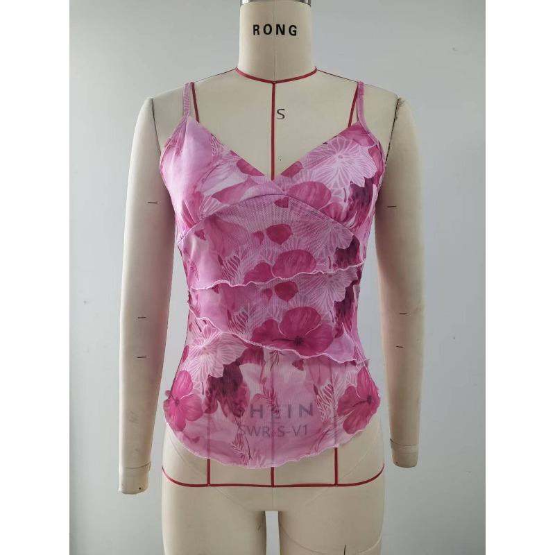 Women's New Printed Camisole Lace Waist Cinching Tank Top