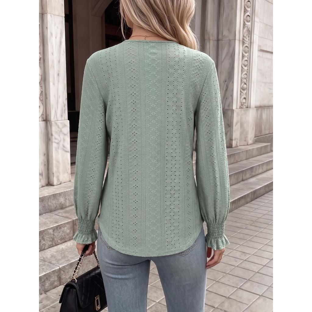 Fall Winter New Solid Color V-Neck Lace Splicing Loose Long Sleeve T-Shirt Top for Amazon EU US Cross-border Trade