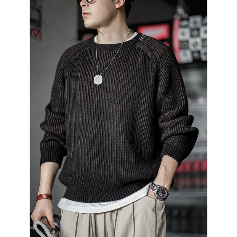 Madden Parka American Retro Vertical Stripes Woven Sweater Raglan Sleeve round Neck Thickened Base Knitwear Men's Autumn