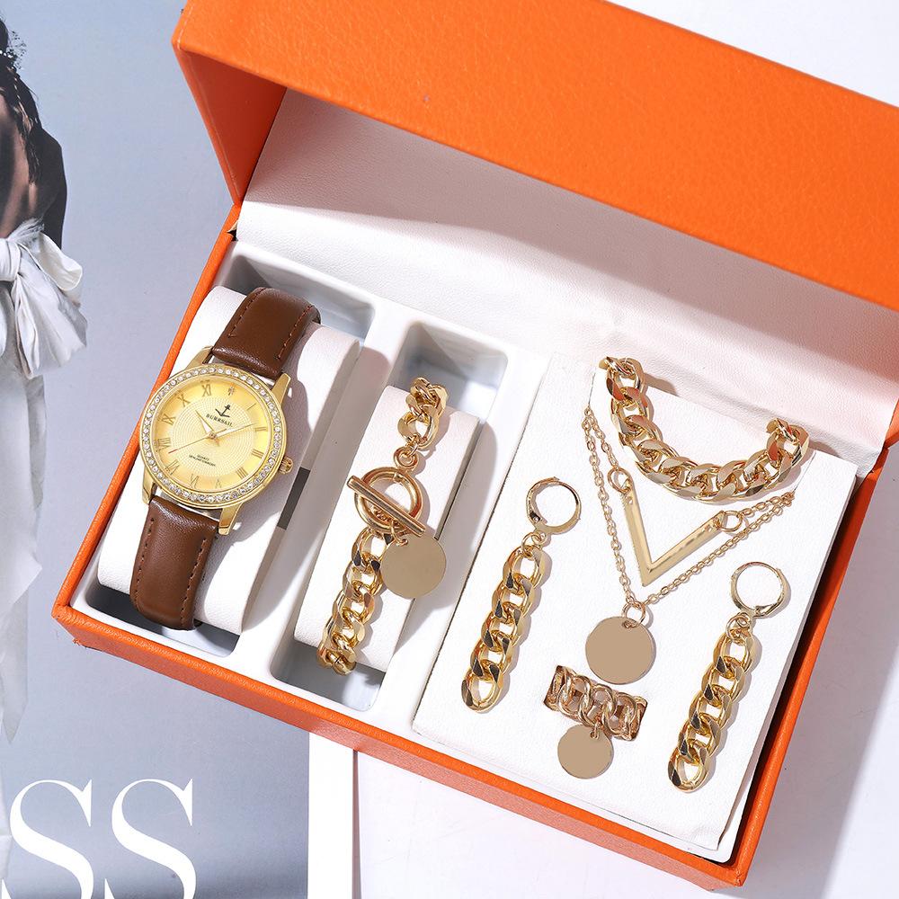 Waterproof Women'S Watch With Diamond Roman Face Women'S Belt Steel Belt Five-Piece Set Bracelet Necklace Set Watch