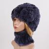 New Good Elastic Lady Winter Rex Rabbit Fur Hats Scarves Knitted Women Natural Fur Caps Scarves Sets 2 Pieces Hats Mufflers