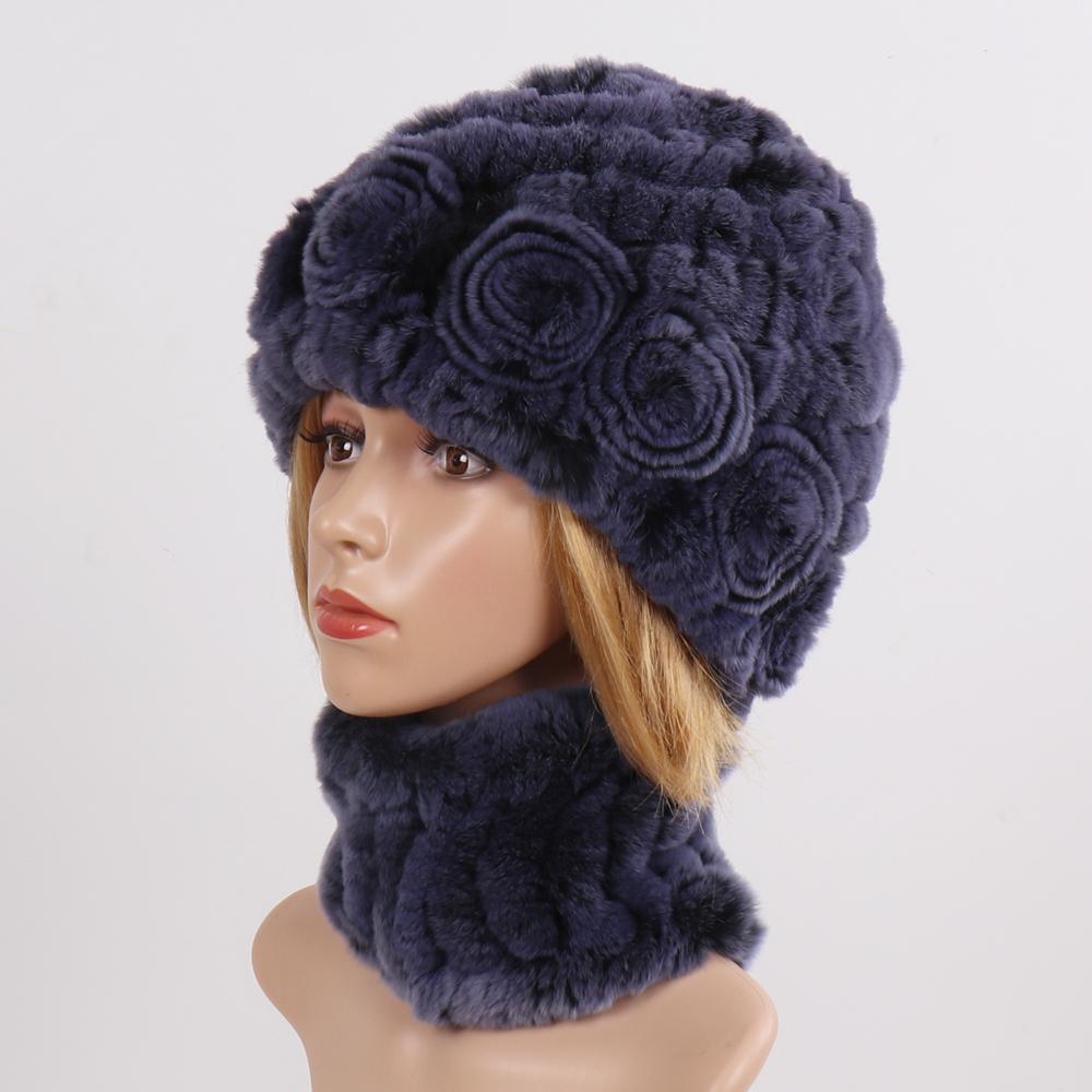 New Good Elastic Lady Winter Rex Rabbit Fur Hats Scarves Knitted Women Natural Fur Caps Scarves Sets 2 Pieces Hats Mufflers
