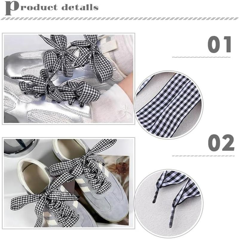 1 Pair Cute Pastel Gingham Check Ribbon Shoelaces Wide Flat Grid Multicolor Sweet Girly Bow Laces for Sneakers and Casual Shoes