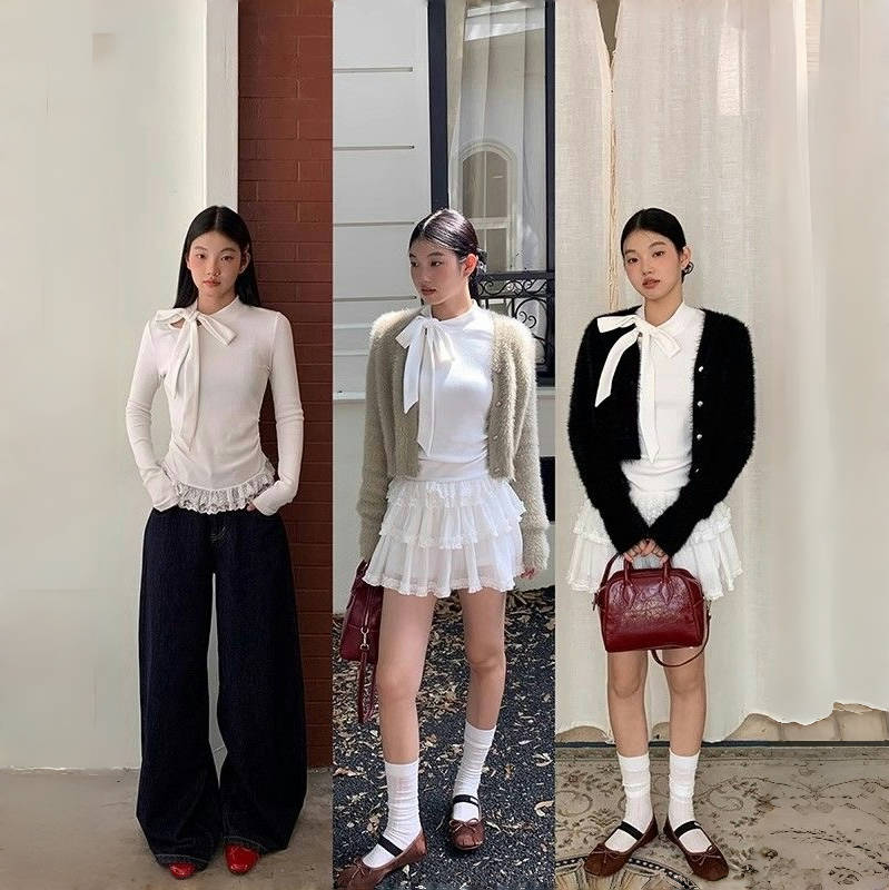 Tricou 2KWEIRD Fairycore Femeie Mânecă Lungă cu Șireturi și Fundă Tricouri Îmbrăcăminte Femei Anii 2000 Haine Y2k Topuri Toamnă Solide Tricou Casual