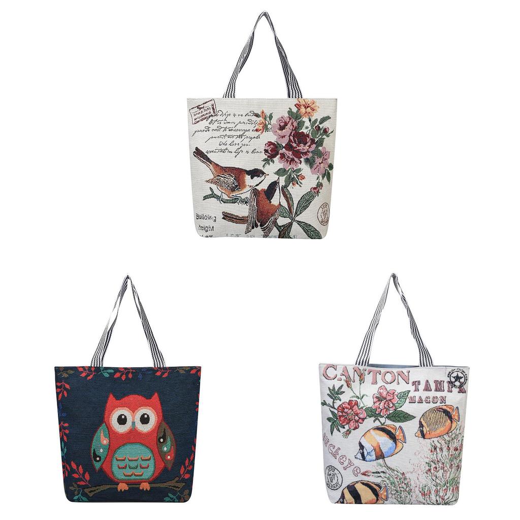 Fashion Owl Canvas Tote Bag With Embroidery And Large Capacity For Daily Use