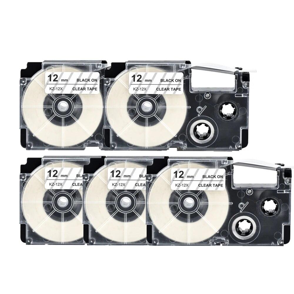 5 Packungen 12mm Etiketten XR12WE XR-12GN XR-12X XR-12YW Kompatibel für Casio EZ Etikettendrucker KL-100 KL-60SR KL120 EZ Etikettendruckerband