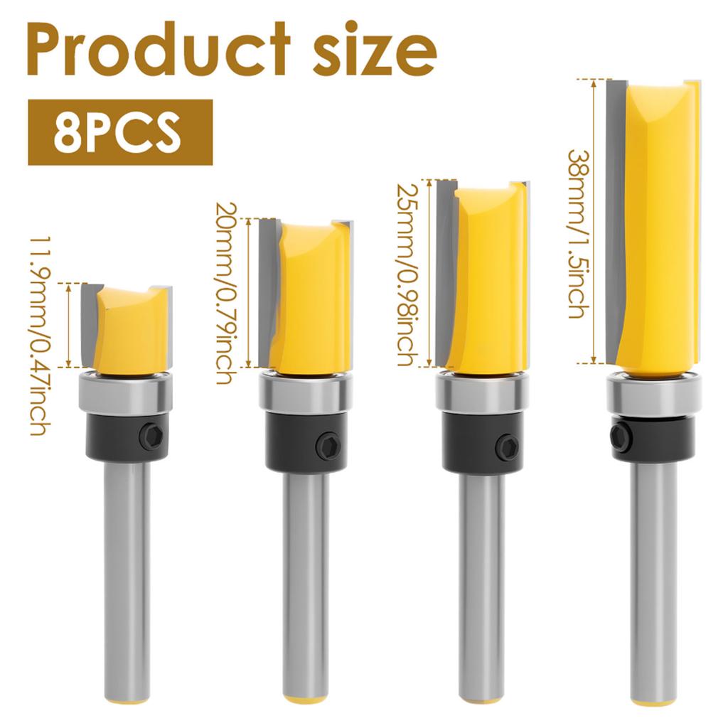 4PC Flush Trim Bit 1/4” Straight End Mill With Double Bearing Router Bit Woodworking Milling Cutter For Wood Bit End Milll Tools