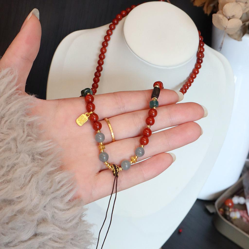 Hand-Woven Natural Nanhong Agate Universal Chain Beaded Necklace Ornament Fashion Women Daily Jewelry Lucky Gift