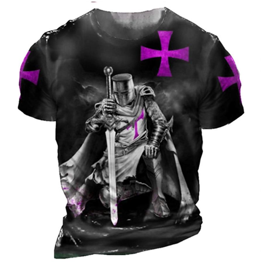 Men's Templar Cross Print Soldier T-shirt Christian T-shirt Short Sleeved T-shirt 3D Printed Round Neck Shirt
