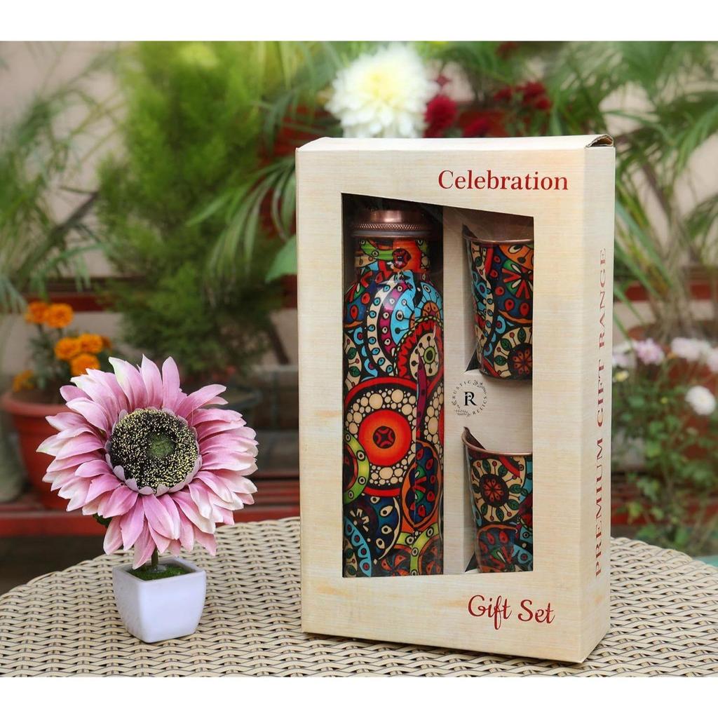 Pure Copper Water Bottle 1L With 2 Glass Set Hand Made | With Meena Mandala Print - A Fusion of Tradition and Style