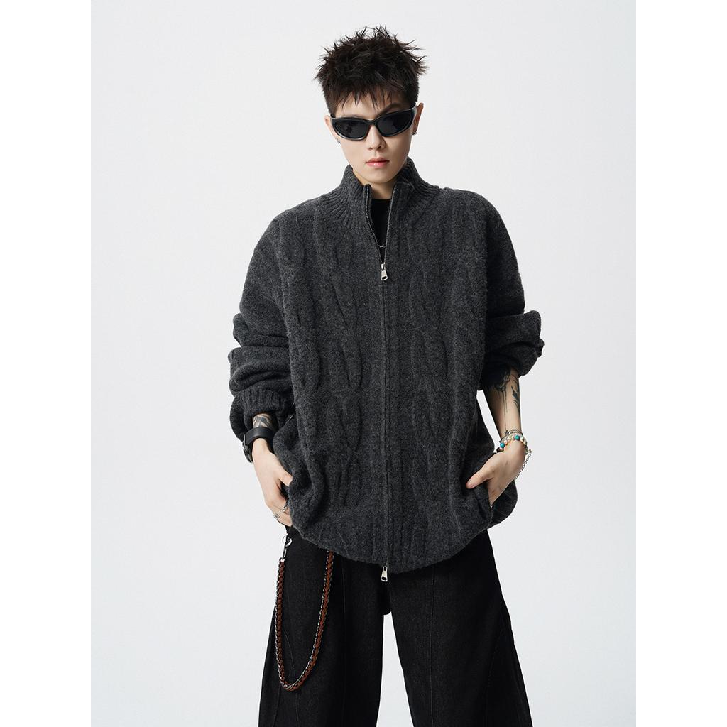 American solid color texture knitted cardigan jacket men's and women's autumn and winter new loose lazy style casual zipper sweater