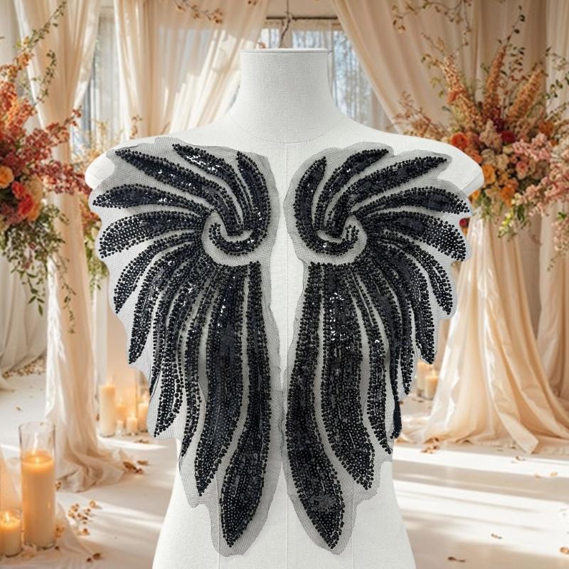 Pearlescent Applique Embroidered Wing Accessory Hand Sewn Sequins And Beads For Wedding Party Attire