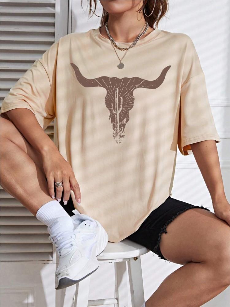 

NEW Spring Cotton Womans TShirts Simple Cattle Printing Short Sleeve Tees Fashion Casual Female Clothes Comfortable Street Tops S