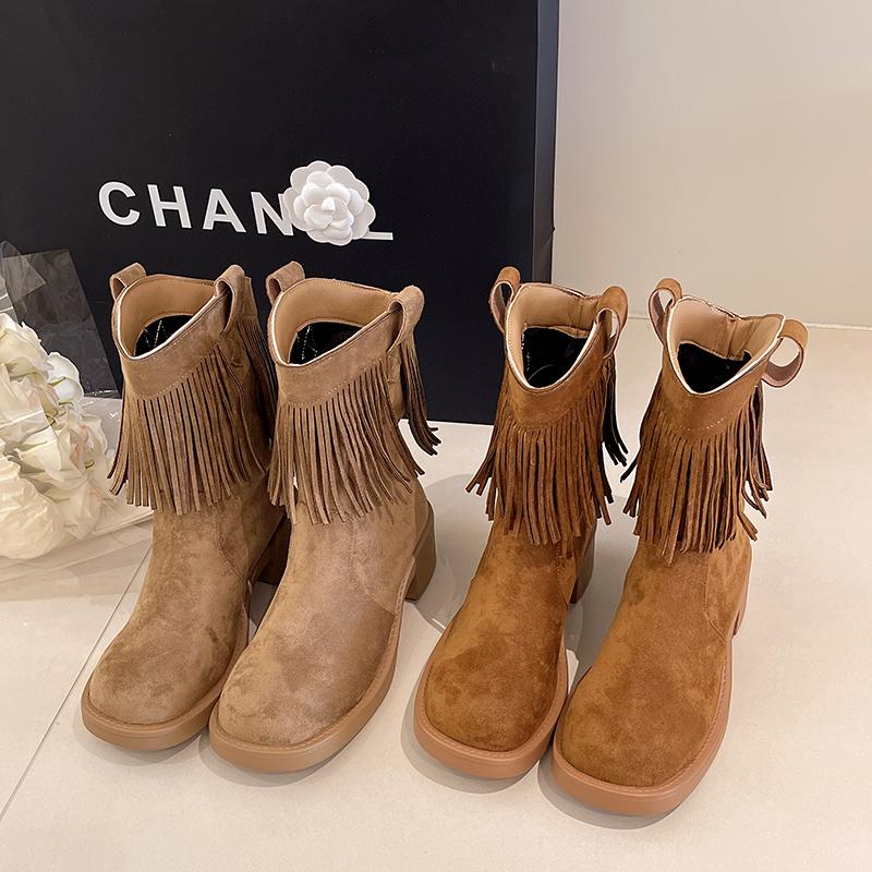 New Style Fashion Thick Soled Fringed Women's Retro Comfortable Western Cowboy Boots Square Heel Short Leg Knight Boots Platform