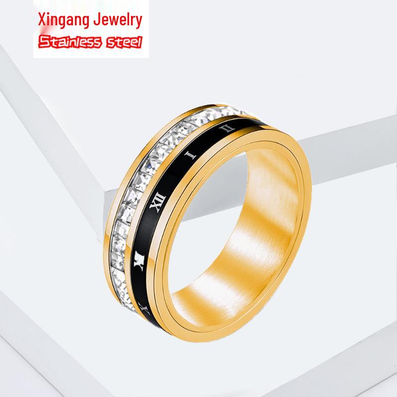Luxury Roman Numeral Titanium Steel Rotatable Ring with Square Diamonds - Unisex Proposal Jewelry