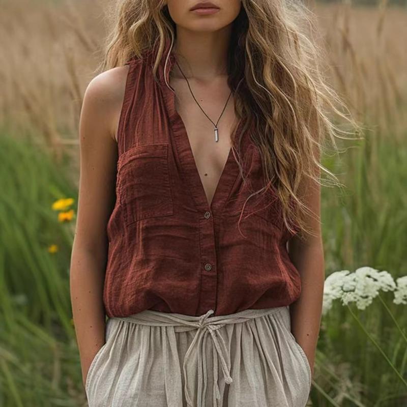 Women Washed Linen Sleeveless V Neck Shirt Chest Pocket Button Down Loose Casual Bohemian Tank Top S коричневый