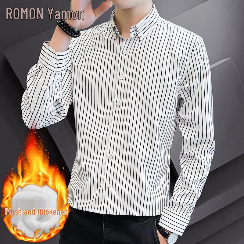 ROMON Men s Fleece-Lined Winter Long Sleeve Business Stripe Dress Shirt 3XL