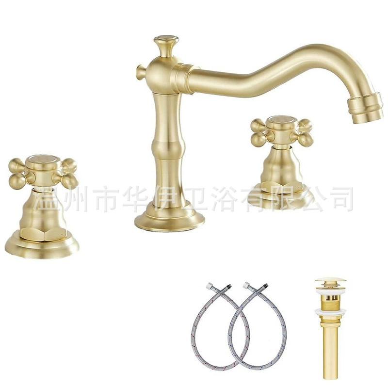 Полностью медный французский ретро-смеситель для раковины с тремя отверстиями, двухрычажный смеситель для ванной комнаты с тремя частями, с защитой от брызг и горячей и холодной воды A