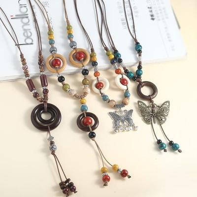 Butterfly Pendant Ceramic Necklace Long Vintage Versatile Wooden Ring Sweater Chain Adjustable Clothes Accessories