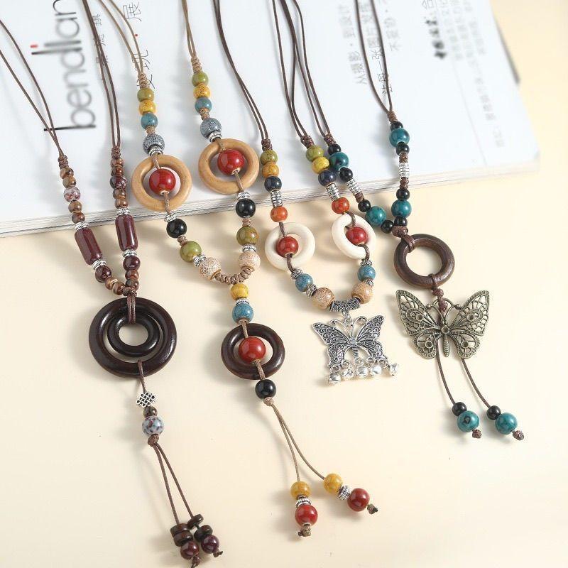 Butterfly Pendant Ceramic Necklace Long Vintage Versatile Wooden Ring Sweater Chain Adjustable Clothes Accessories