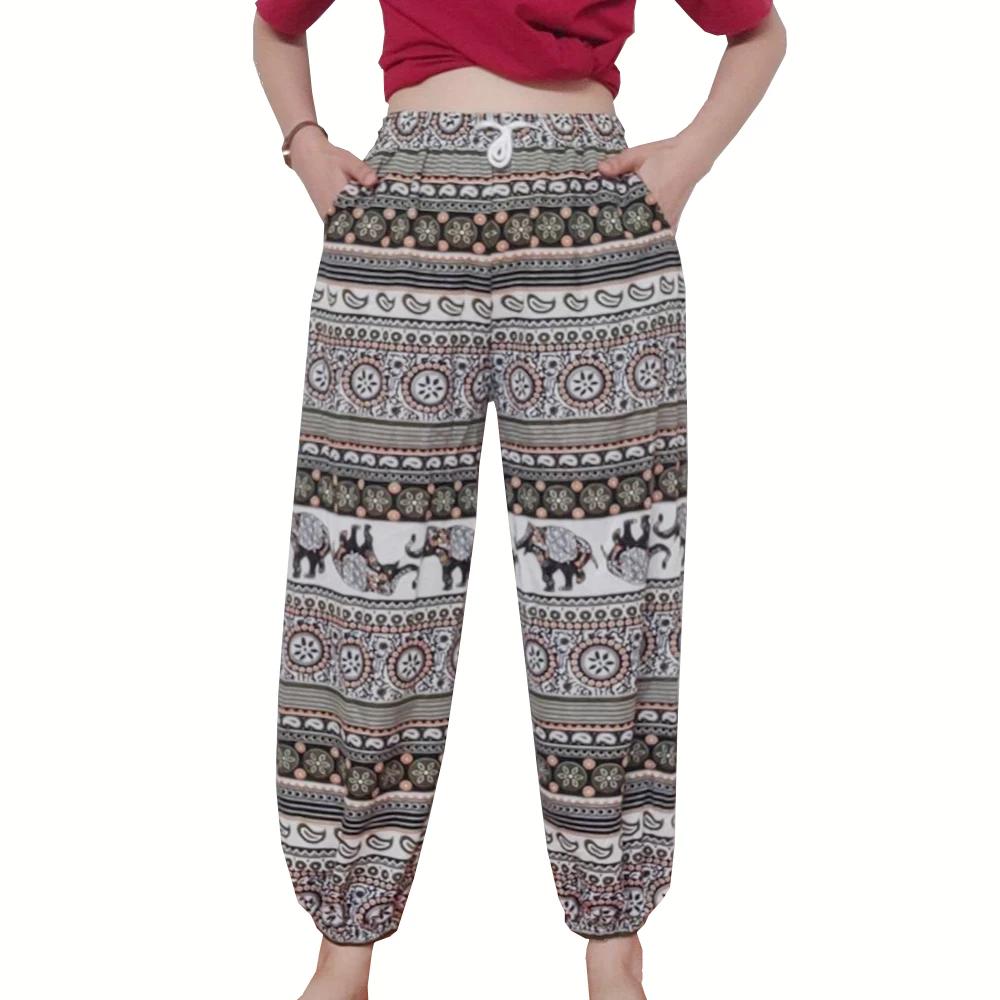 Elephant Jump Pants Pocket Adjustable Elastic High Waistband Strap Unisex Man Women Print Thailand Casual Streetwear Beach Bohemian Retro Vintage