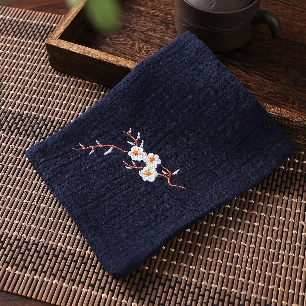 Cotton Linen Chinese Style Zen Tea Towel Absorbent Thickened Rag Flower Embroidery Tea Towel Tea Coaster Accessories