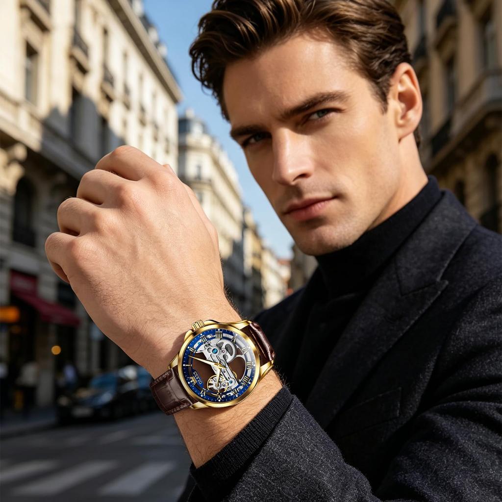 OLEVS Men's Mechanical Watch Automatic & Manual Winding Transparent Clear Skeleton Leather Strap Fashion Stylish Male Watch Genuine Leather Night