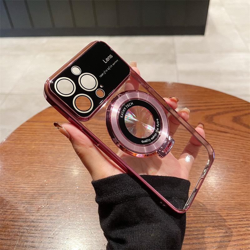Applicable To Apple 14 Electroplated Large Window Magnetic Suction Bracket Mobile Phone Case IPhone 15 Pro Leak-proof Cover