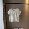 2025 Summer Korean Lace V-Neck Tie-Up Embroidered Short Sleeve Women's Shirt