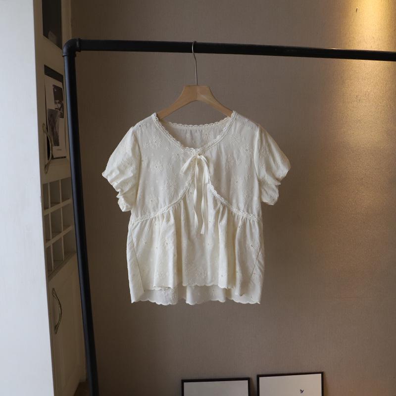 2025 Summer Korean Lace V-Neck Tie-Up Embroidered Short Sleeve Women's Shirt
