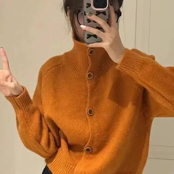 WTEMPO Stand Collar Long Sleeve Knitted Tops Casual Loose Button Cardigans Knitwear Women's Spring Autumn Elegant Sweater Coats