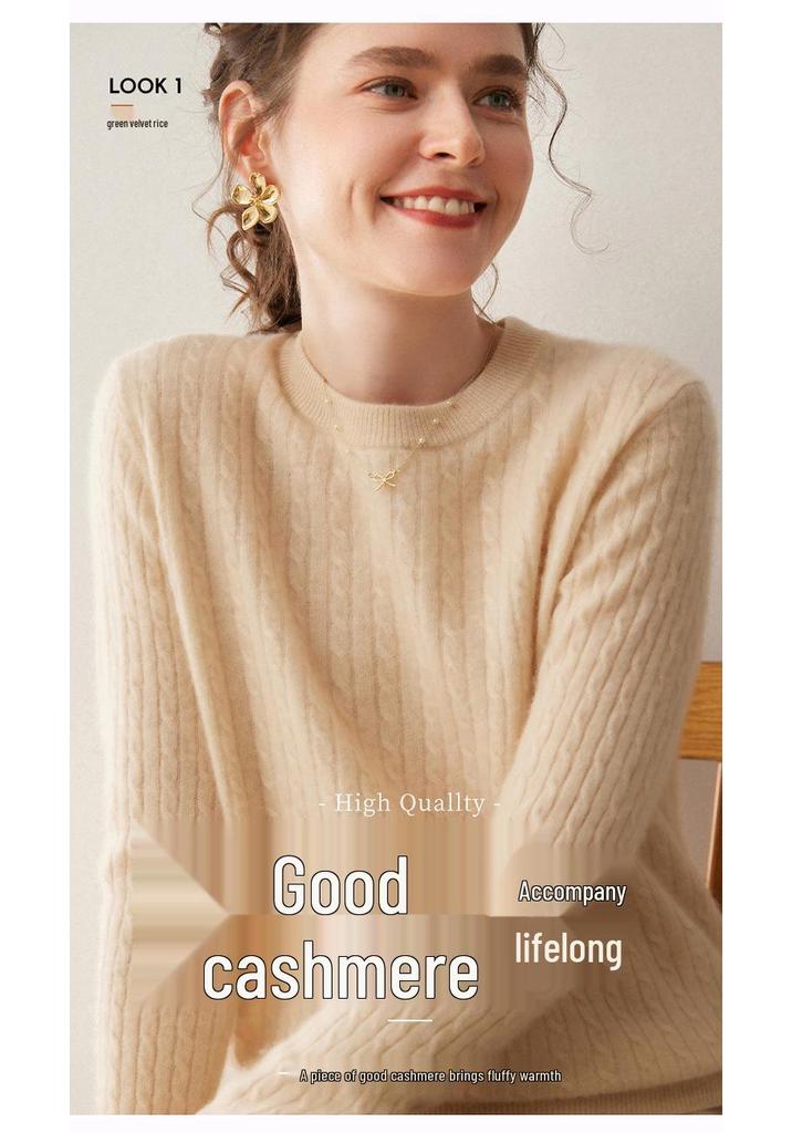 Women's Cashmere Round Neck Cable Knit Sweater - Soft, Comfortable, and Versatile for Autumn and Winter
