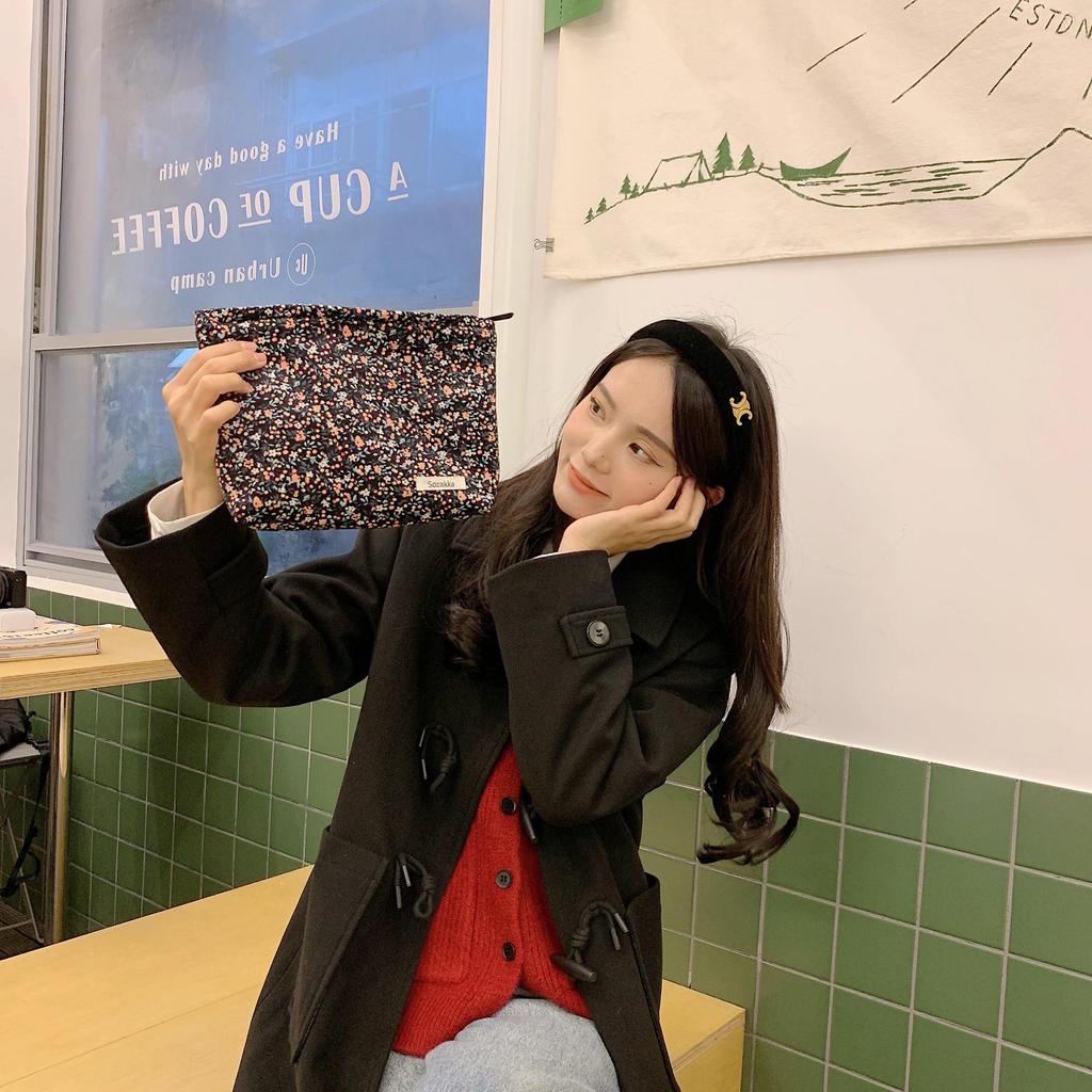 Retro Floral Corduroy Makeup and Travel Bag