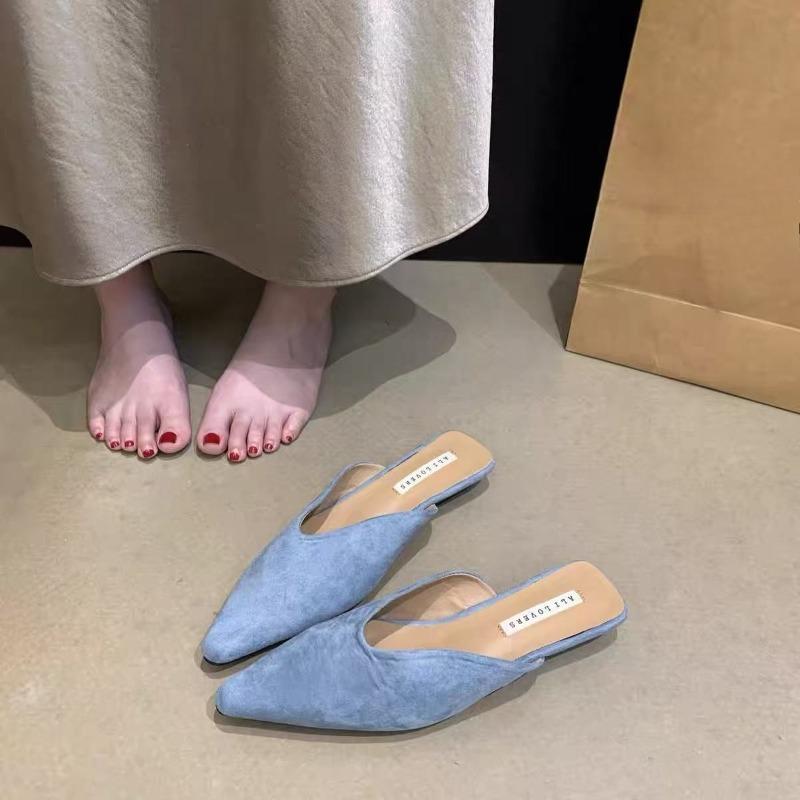 Flannelette Wrapped Half Drag Women Wear 2026 New Pointed Toe Lazy Low-heeled Slippers 35