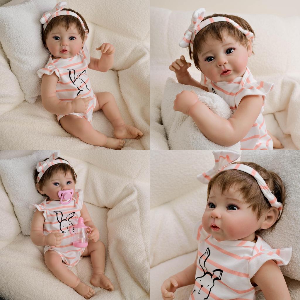 19-calowa silikonowa lalka reborn z opaską w paski i ubrankami z nadrukiem królika, dekoracja dla kolekcjonerów i osób wręczających prezenty