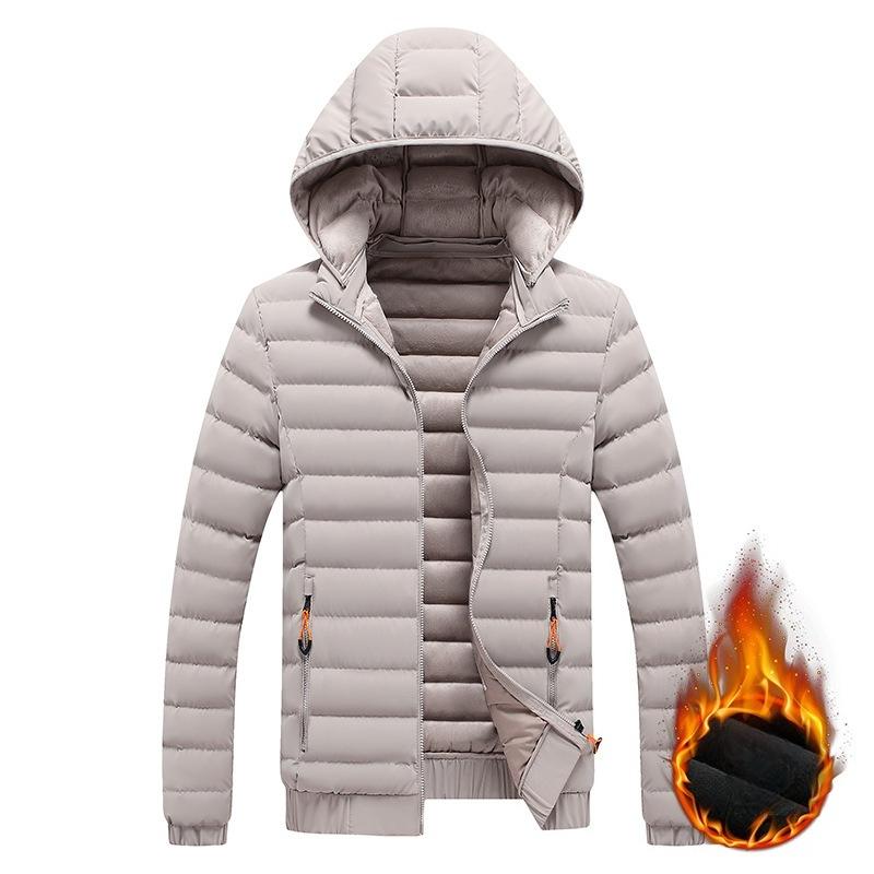 Lightweight Ribs and Cotton Jacket for Men's Winter Simple Solid Color Removable Hat Thickened Hooded Jacket