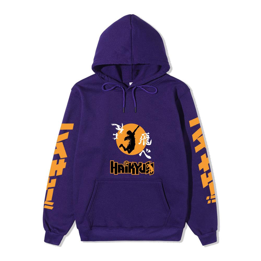 Haikyuu Fly High Jump Silhouette Unisex Fleece Hoodie Japanese Kanji Orange Vertical Sleeve Volleyball Anime Pullover Sweatshirt