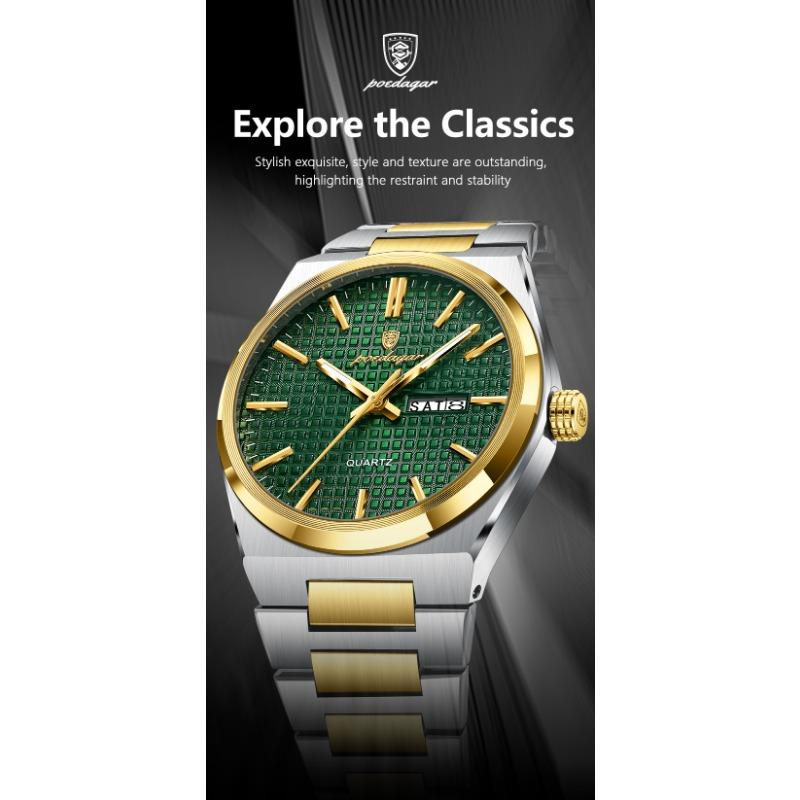 POEDAGAR Luxe Herenhorloge Datum Week Waterdicht Lichtgevend Roestvrij Staal Horloge voor Man Casual Kwarts Horloges Mannelijk Sport+Doos