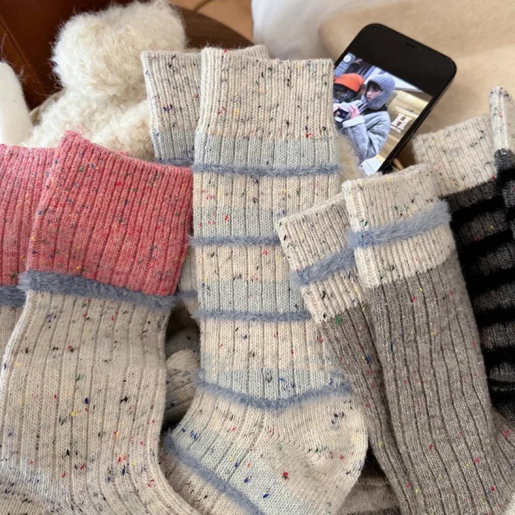 1 pár Podzim Zima Hrubé Teplé Roztomilé Dámské Ponožky Bavlna Korejská Vlna Proužek Designové Ponožky Střední Délky Kawaii Ležérní Harajuku Dámské Ponožky