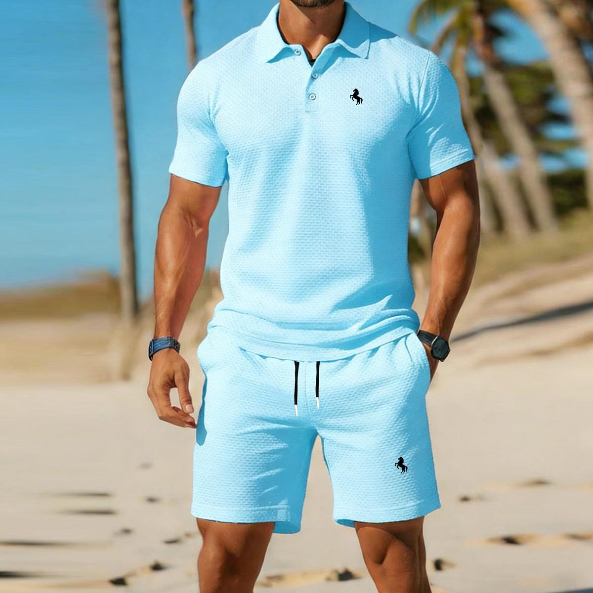 Herren Trendy Sommer 2-teiliges Set - Entspannt geschnittenes Kurzarmhemd und Shorts Set — Lässige Business- und Outdoor-Kleidung M blau