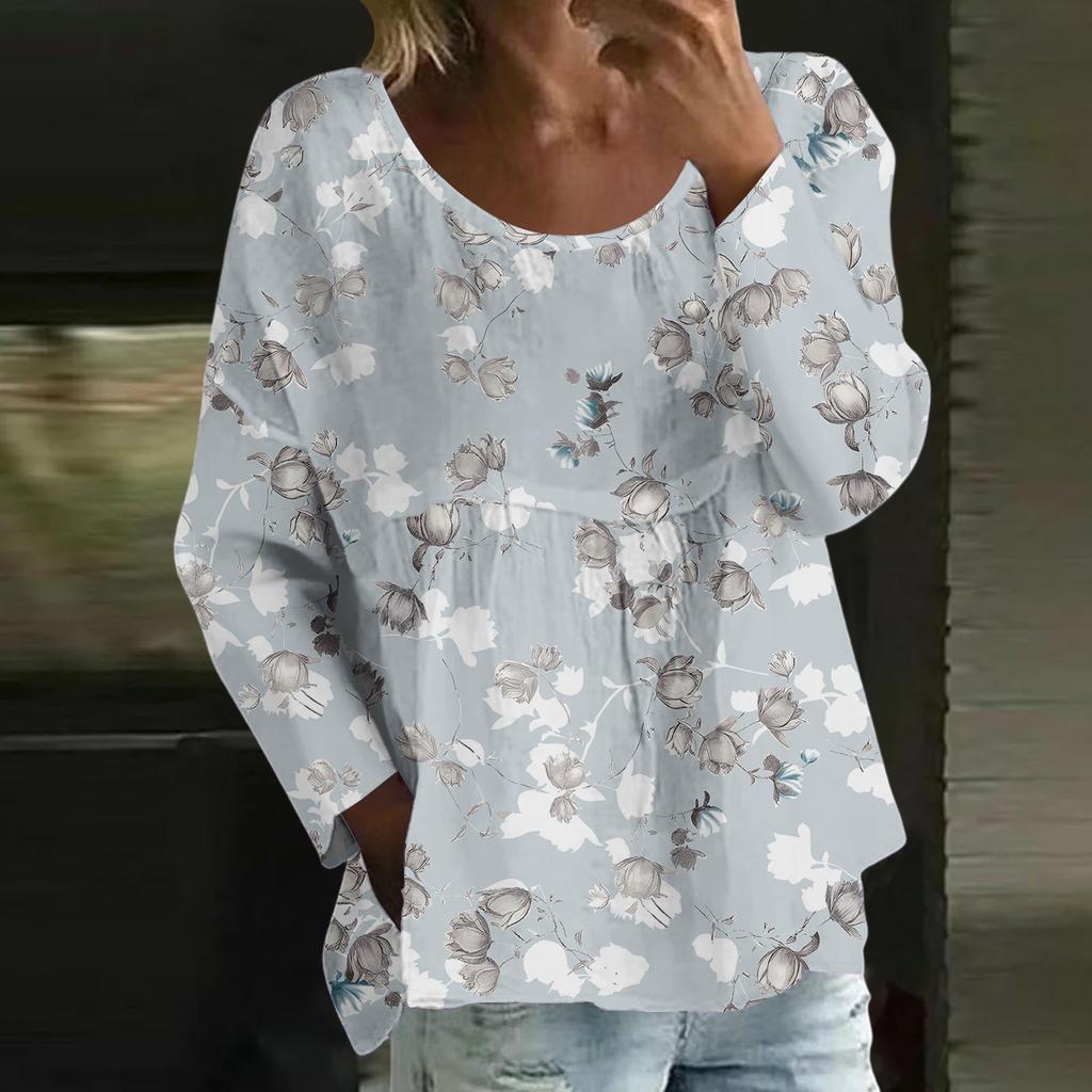 Damen Casual Mode Locker Rundhals Blumenmuster Langarm Oberteil