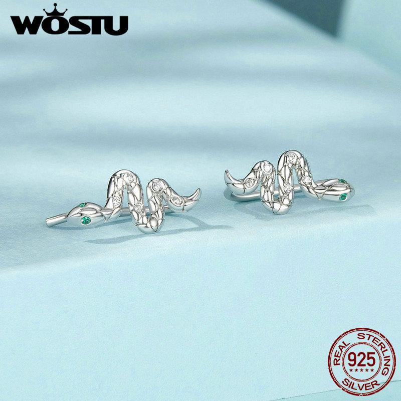 WOSTU 925 Sterling Silver Vintage Snake Ear Cuffs Ear Clip Earrings Shiny CZ Animal Ear Studs Party Wedding Jewelry Punk Gift