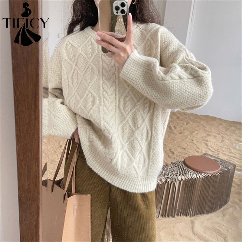 TIFICY Women's Fashion Casual Fall Winter Solid Color Print Long Sleeve O-Neck Sweaters
