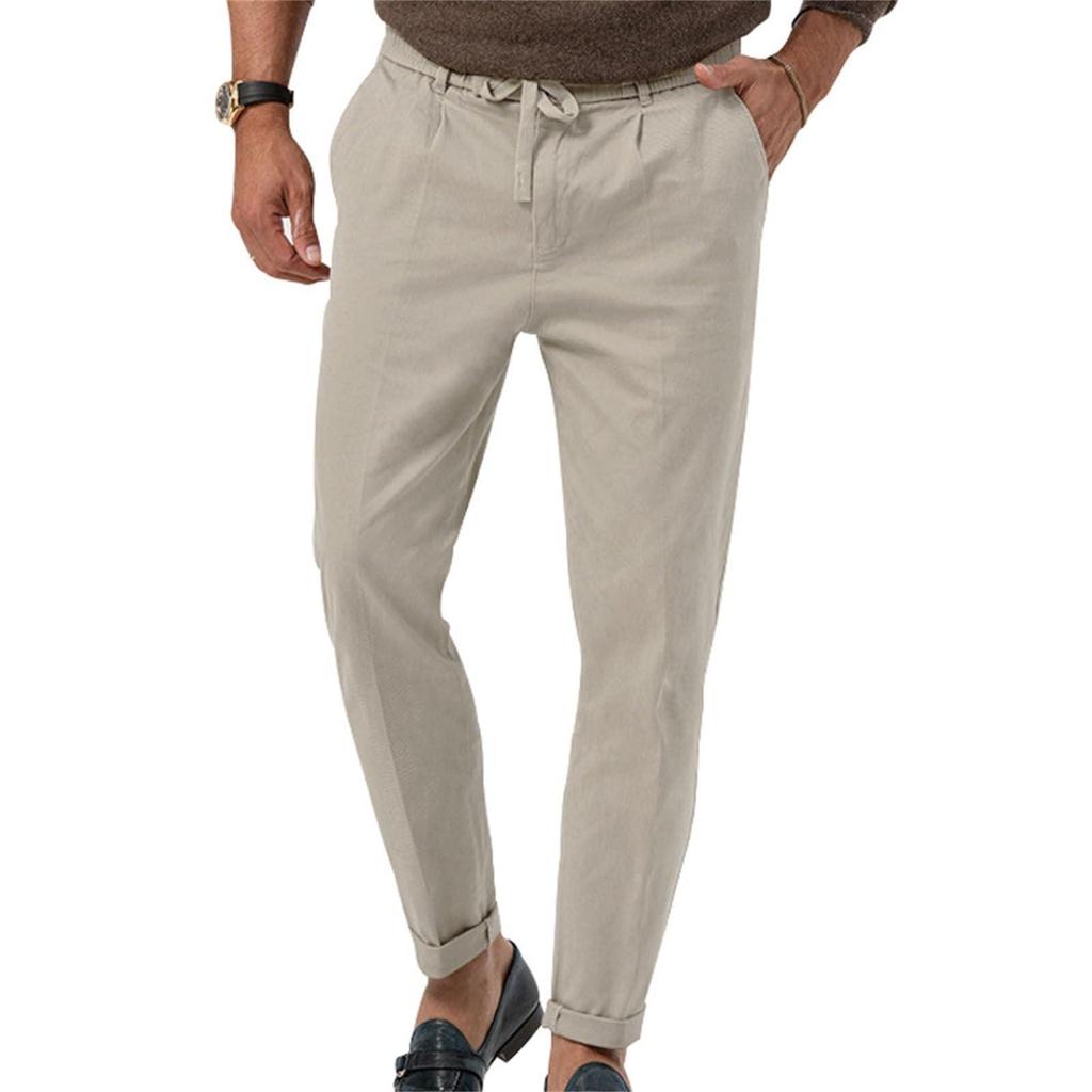 Erkek Daralan Paça Pantolon Günlük Keten Pantolon Elastik Bel Slim Fit Plaj Yoga İş Hafif Pamuklu Cepli Pantolon