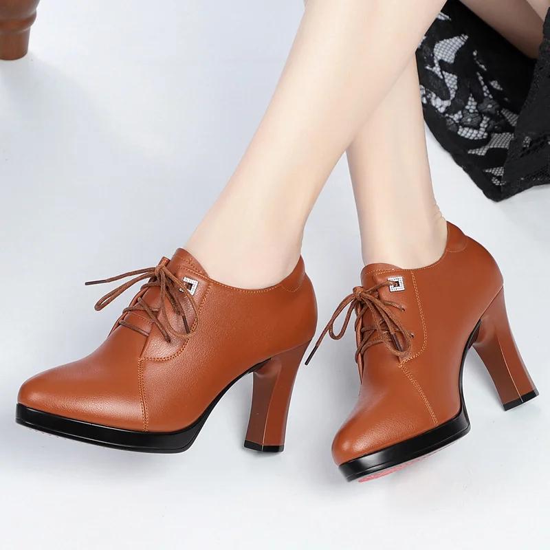 Fashion Women Thick Heel Fashion High Quality Short Ankle Soft Leather Boots Classic Brown Lace-up Spring Autumn High Heel Boots